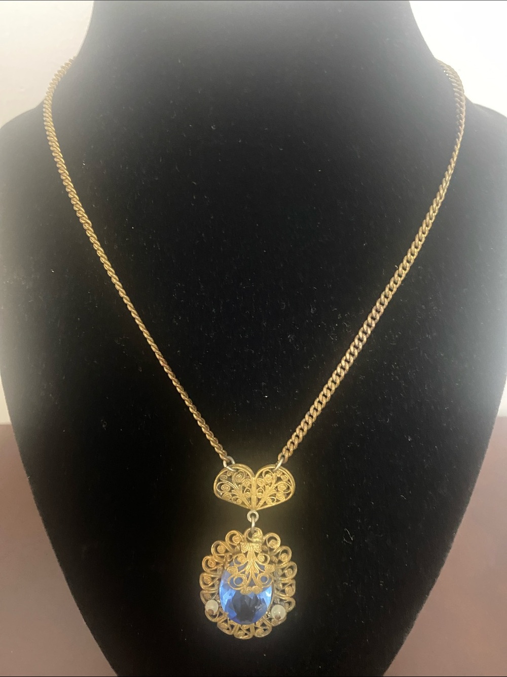 Gold Vintage Filigree Necklace with Blue Crystal Pendant